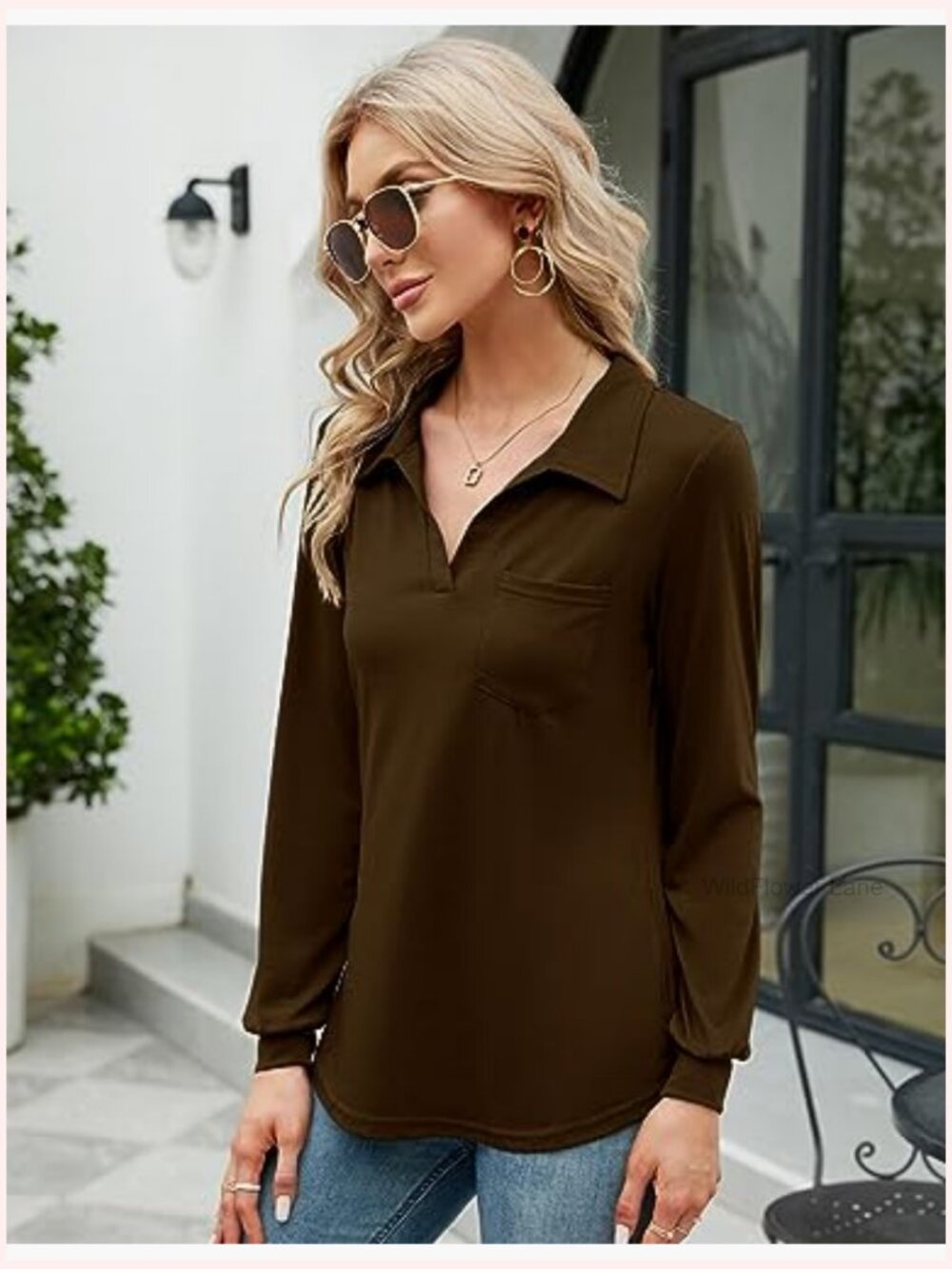 Womens V Neck Polo Short Sleeve Collared Tunic Blouse Pocket Loose Casual - Picture 4 of 7